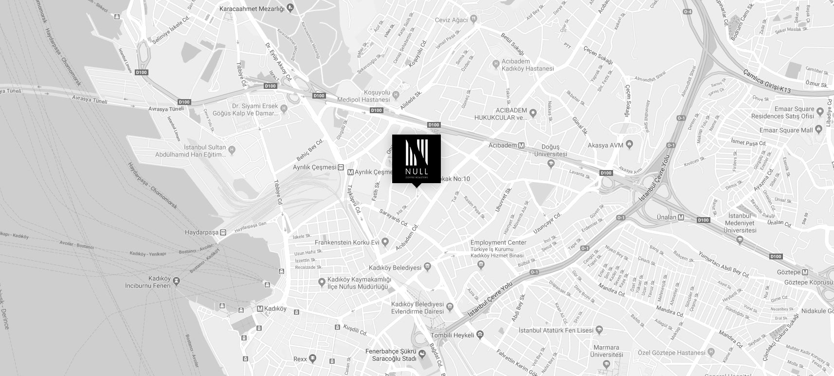 Null Coffee Roasters’ın Kadıköy, Acıbadem’deki konumunu gösteren detaylı harita görseli.